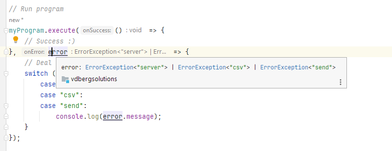 How to use custom Promise implementation in Typescript. Type hints shows what errors to deal with.